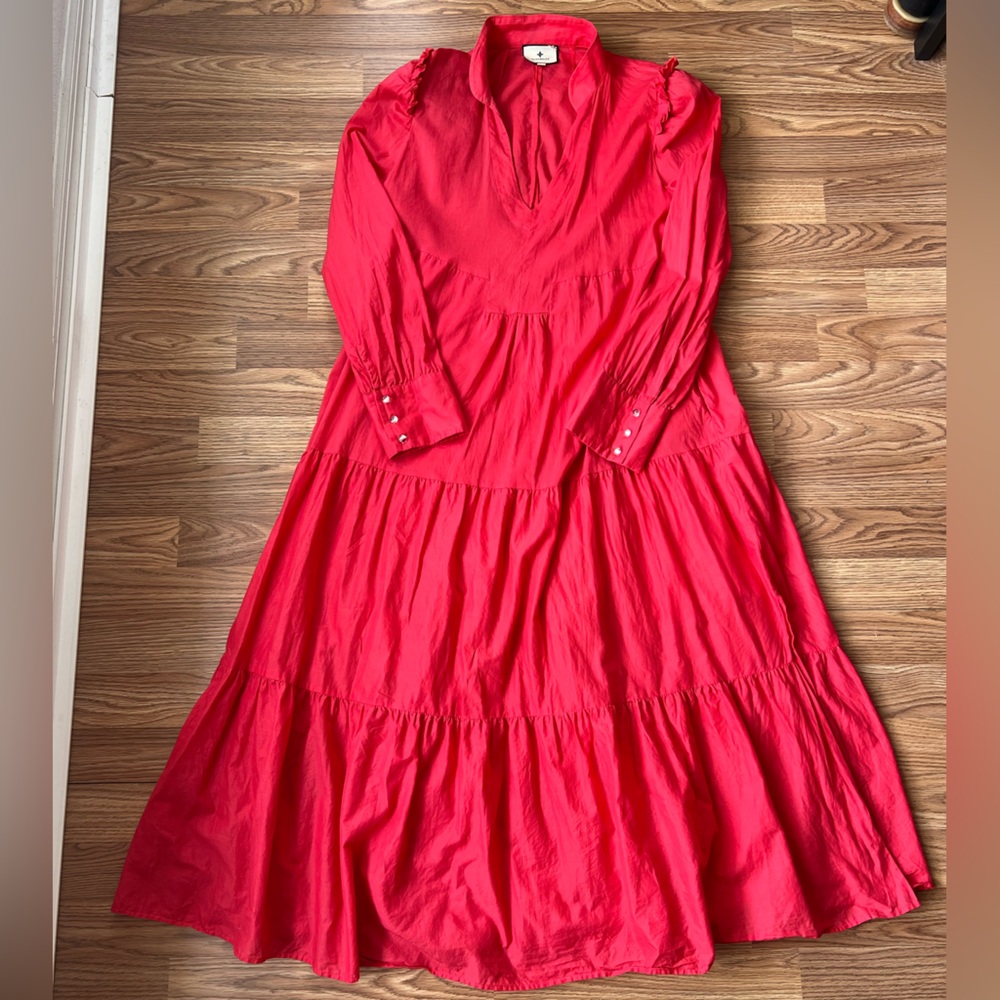 Tuckernuck Poppy Pink Bristol Maxi Dress Tiered Ruffle Long Sleeve Womens XL